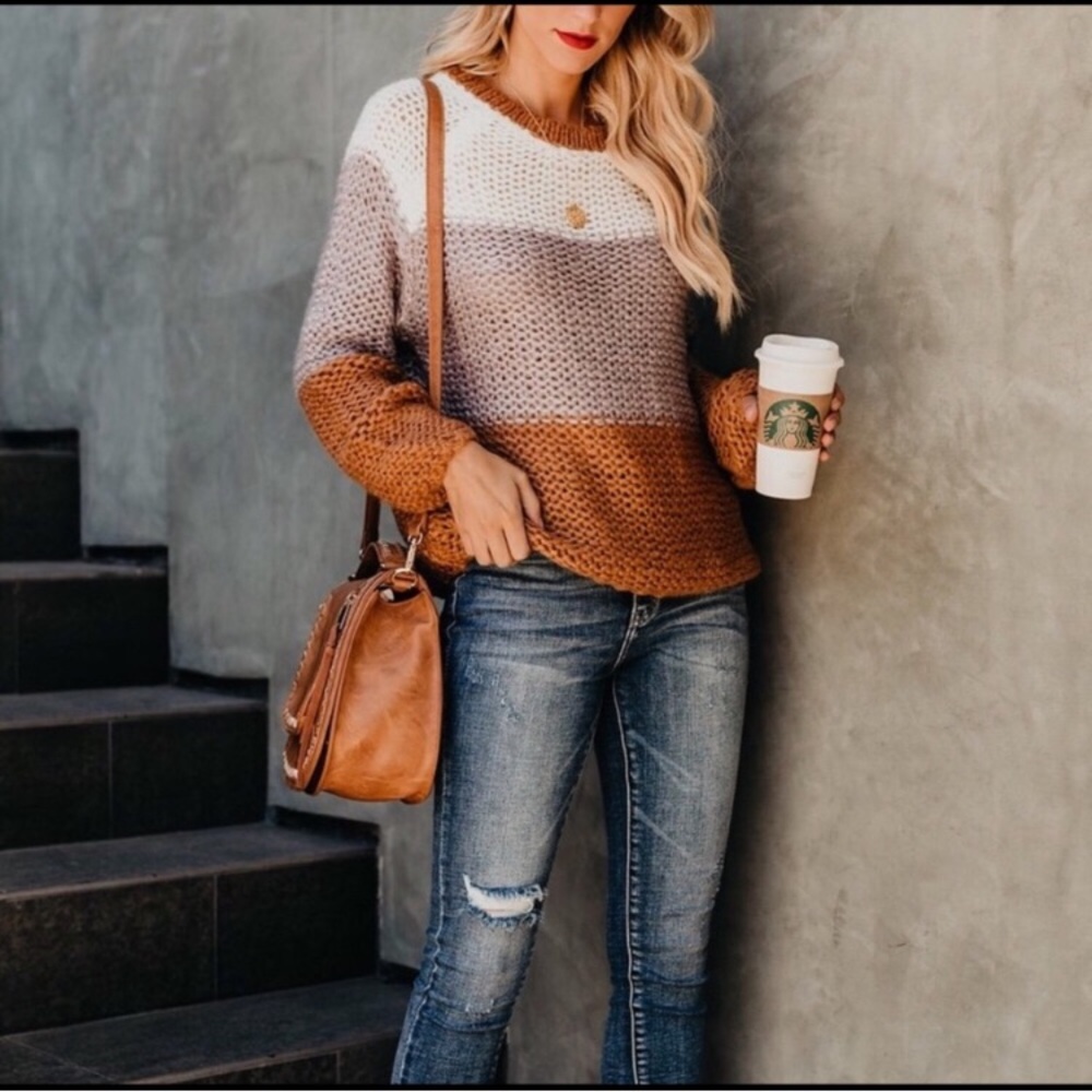 Cream, grey, and Caramel color block sweater